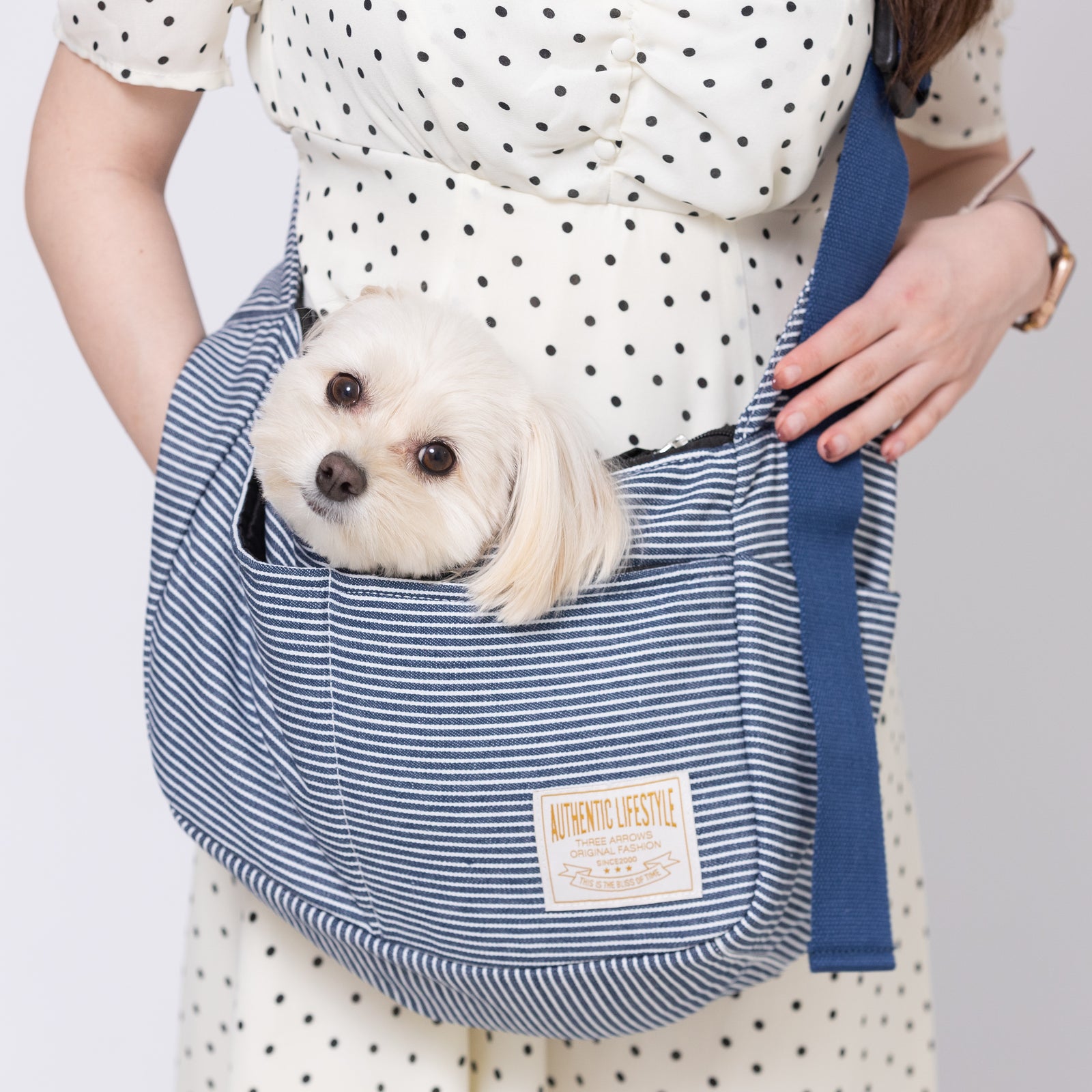 Lee ヒッコリー スリング ホワイト Ｍ 小型犬 約4～8kg (ᵔᴥᵔ) Lee ハグ＆リュック キャリーバッグ 《ヒッコリー柄》 M 小型